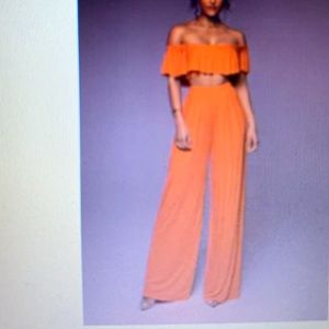Beautiful Tangerine pants set, off shoulder crop top with wide leg pants, XXL
